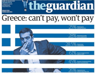 Μ’ ένα πρωτοσέλιδο που σοκάρει την Ευρώπη κυκλοφορεί σήμερα ο Guardian. «Ελλάδα: Δεν μπορεί να πληρώσει, δεν θα πληρώσει»